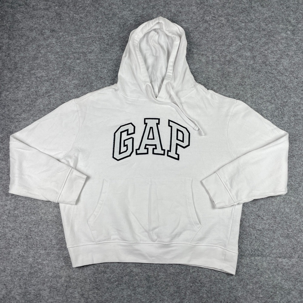 GAP Hoodie Womens L White Pullover Spellout Fleece Double Stitched Sweatshirt